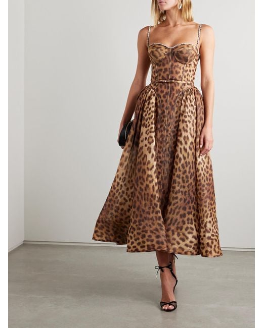 Zimmermann Brown Crush Belted Crystal-Embellished Leopard-Print Linen And Silk-Blend Organza Midi Dress