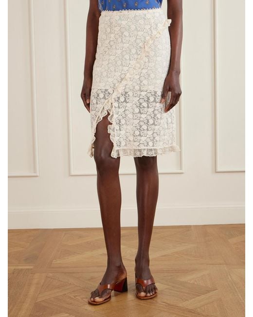 Doen Natural Aurella Ruffled Embroidered Mesh Midi Skirt