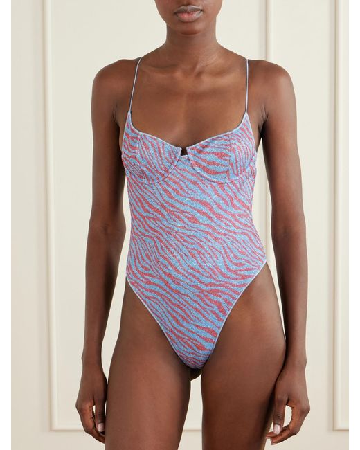 Oseree Purple Animalier Printed Lurex Swimsuit