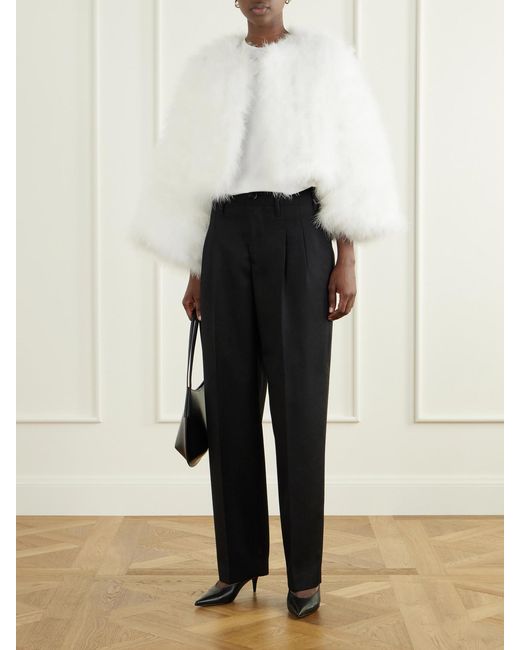 Yves Salomon White Cropped Feather-Trimmed Satin Cape
