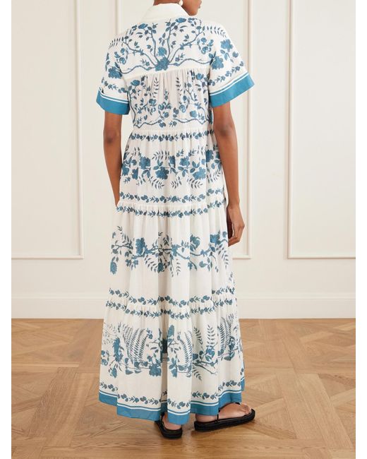 Erdem Blue Floral-Print Cotton And Linen-Blend Midi Dress