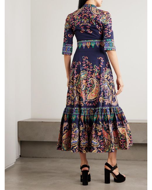 Etro Blue Ruffled Tiered Paisley-Print Cotton Maxi Dress