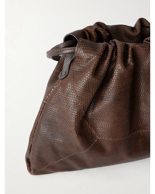 Brunello Cucinelli Brown Monili-Embellished Lizard-Effect Leather Shoulder Bag