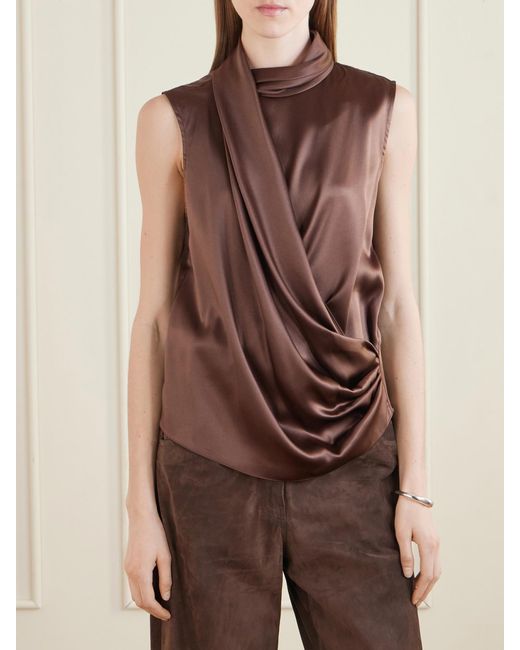 Brunello Cucinelli Brown Wrap-Effect Sleeveless Draped Silk-Blend Satin Blouse