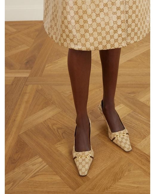 Gucci Natural Vittoria Collapsible-Heel Horsebit-Embellished Leather-Trimmed Canvas-Jacquard Pumps