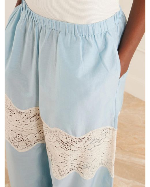 Alix Of Bohemia Blue Margie Sky Lace-Trimmed Cotton And Silk-Blend Wide Leg Pants