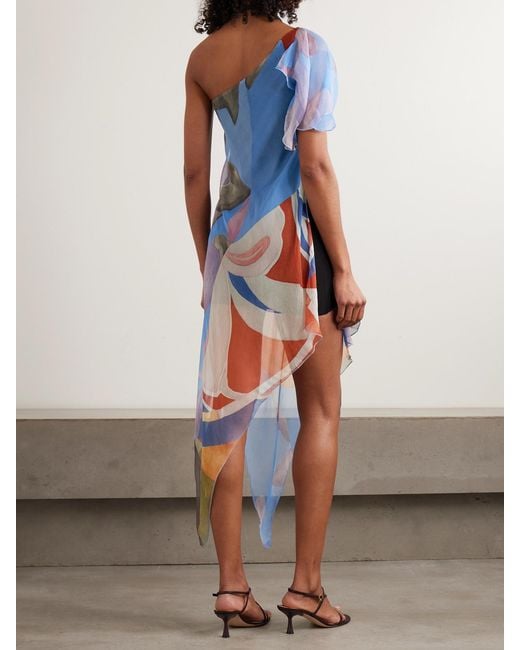 Donde Esteban Blue Palenque Flores One-Shoulder Asymmetric Printed Silk-Chiffon Mini Dress