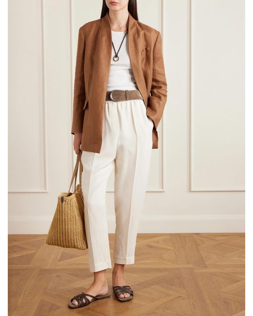 Brunello Cucinelli White Cropped Woven Tapered Pants