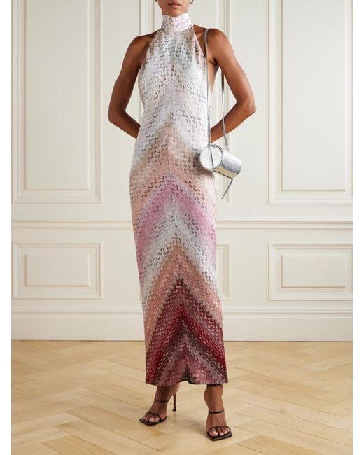 Missoni Pink Neckholder-Maxikleid Aus Metallic-Häkelstrick