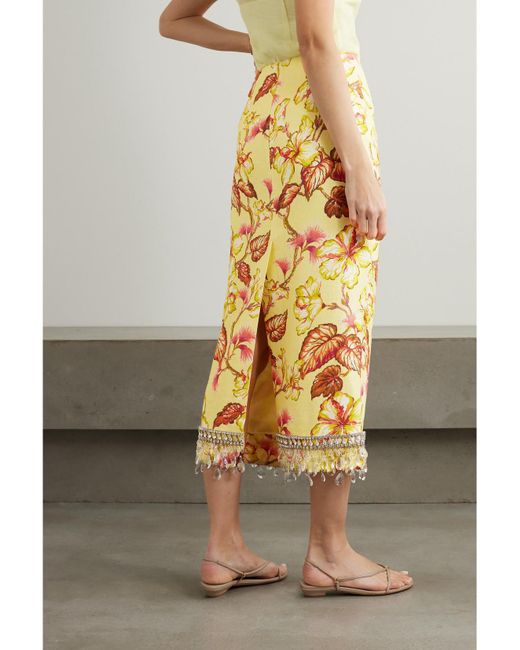 Zimmermann Metallic Matchmaker Crystal-Embellished Floral-Print Linen Midi Skirt