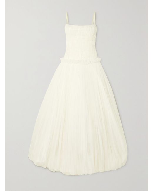 Danielle Frankel Natural Guinevere Shirred Grosgrain-Trimmed Tulle Gown