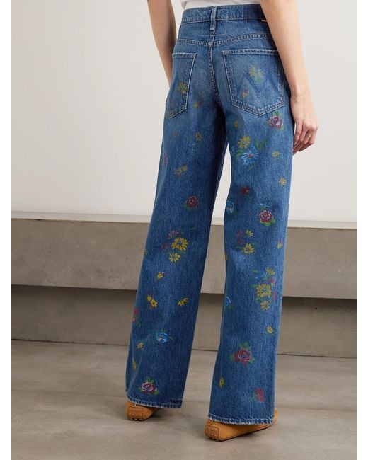 Mother Blue The Rerun Zip Sneak Floral-Print High-Rise Wide-Leg Jeans