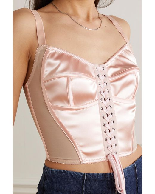 Dolce & Gabbana Pink Lace-Up Satin And Mesh Bustier Top