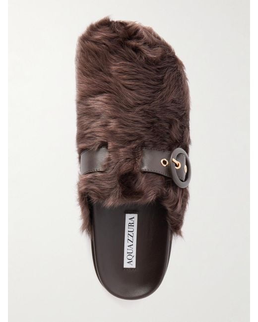 Aquazzura Brown Cuddle Buckled Leather-Trimmed Shearling Slip-Ons