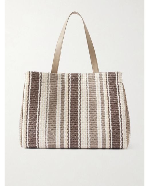 Brunello Cucinelli Natural Striped Leather-Trimmed Raffia Tote