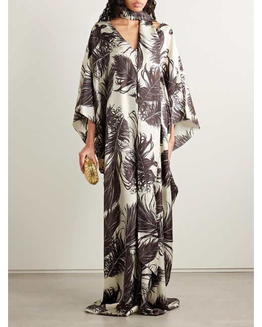 Oscar de la Renta White Scarf-Detailed Printed Silk-Twill Gown