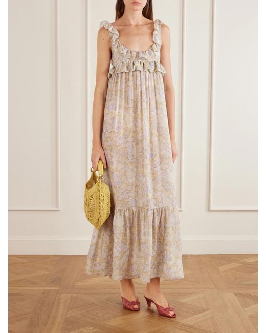 Chloé Natural Ruffled Tiered Floral-Print Silk-Charmeuse Maxi Dress