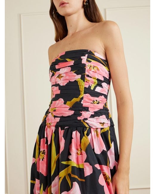 Cara Cara White Montreal Strapless Pleated Floral-Print Cotton-Poplin Maxi Dress