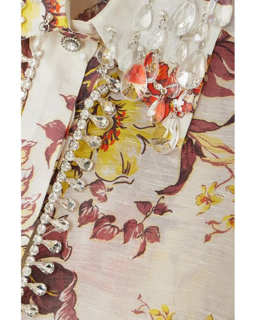 Zimmermann White Matchmaker Crystal-Embellished Floral-Print Linen And Silk-Blend Shirt