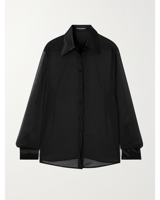 Dolce & Gabbana Black Satin-Trimmed Silk-Chiffon Shirt