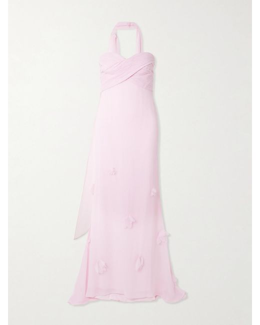 Self-Portrait Pink Scarf-Detailed Strapless Appliquéd Georgette Gown
