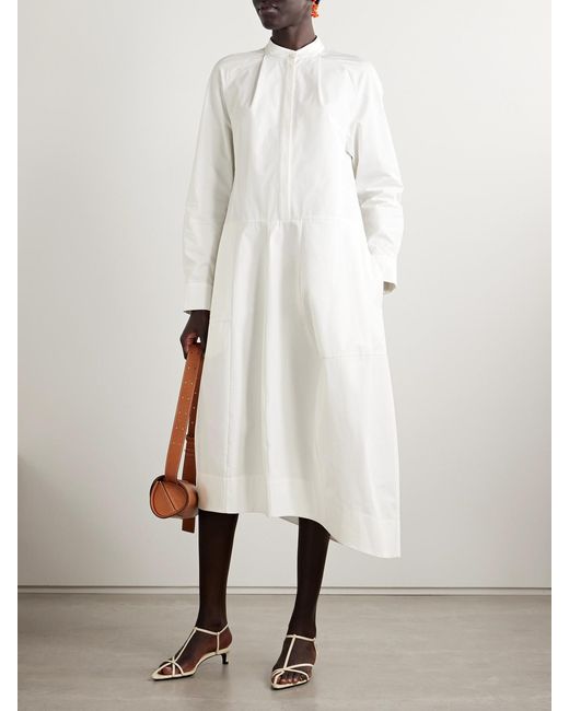 Tibi White Asymmetric Pleated Cotton-Poplin Midi Shirt Dress