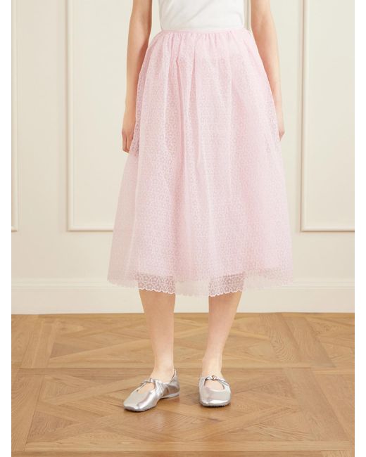 CECILIE BAHNSEN Pink Embroidered Cotton-Blend Midi Skirt