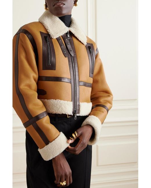 Tod s Cropped Leather trimmed Shearling Jacket in Brown Lyst UK