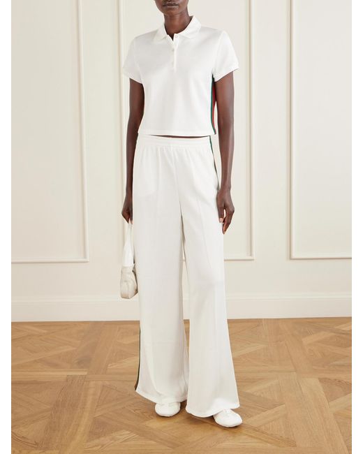 Gucci White Web-Trimmed Ribbed-Jersey Wide-Leg Pants