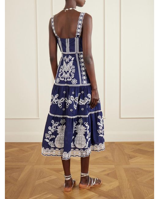 Farm Rio Blue Tiered Embroidered Cotton-Poplin Midi Dress