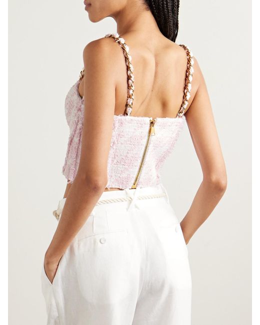 Haut Façon Corset En Tweed De Coton Mélangé À Ornements Balmain en coloris Pink