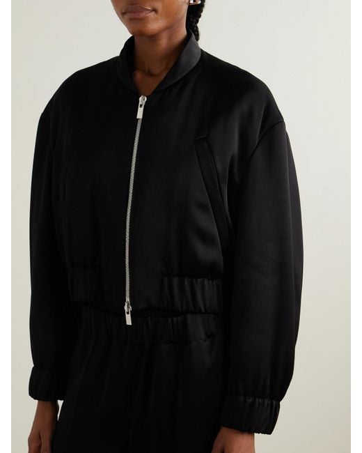 Another Tomorrow Black Cropped Satin Bomber Jacket