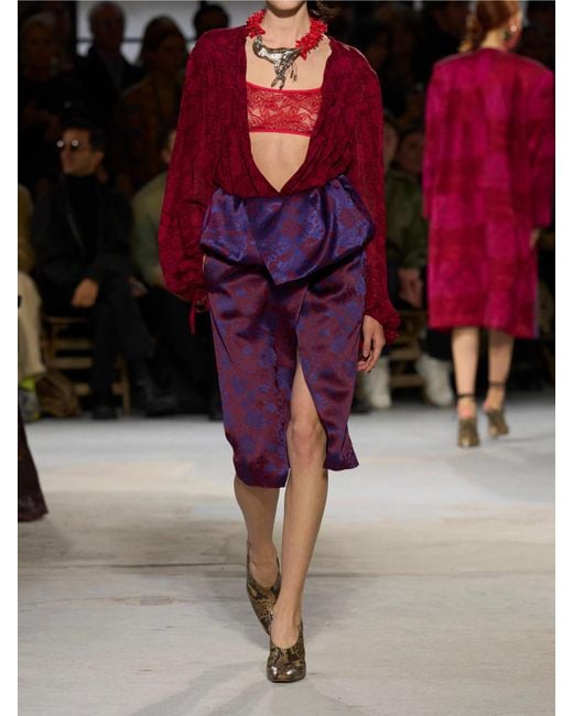 Dries Van Noten Purple Midirock Aus Glänzendem Jacquard Mit Wickeleffekt