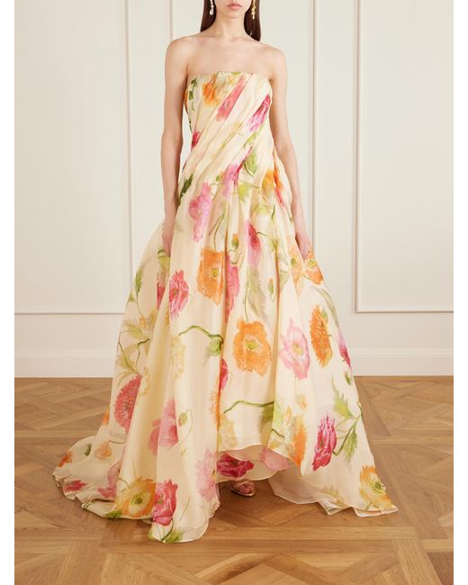 Carolina Herrera Multicolor Strapless Draped Floral-Print Silk-Organza Gown