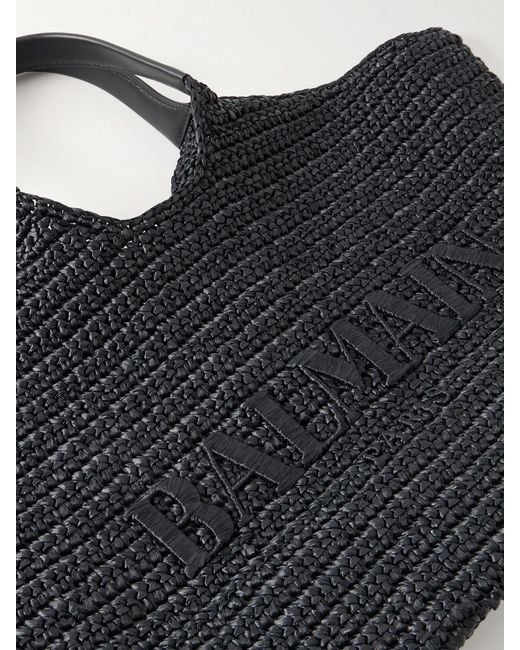 Balmain Black Cabas Large Logo-Embroidered Leather-Trimmed Raffia Shoulder Bag