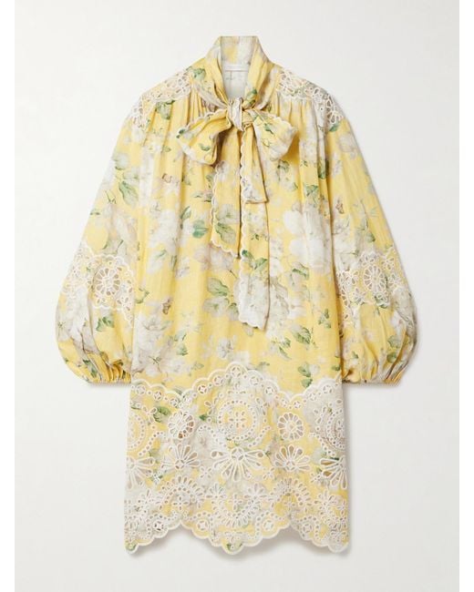 Zimmermann Metallic Acacia Tie-Neck Broderie Anglaise-Trimmed Floral-Print Linen Mini Dress