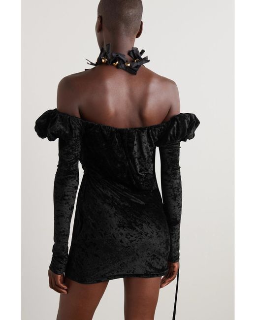 Jacquemus Black Off-The-Shoulder Embellished Stretch-Velour Mini Dress
