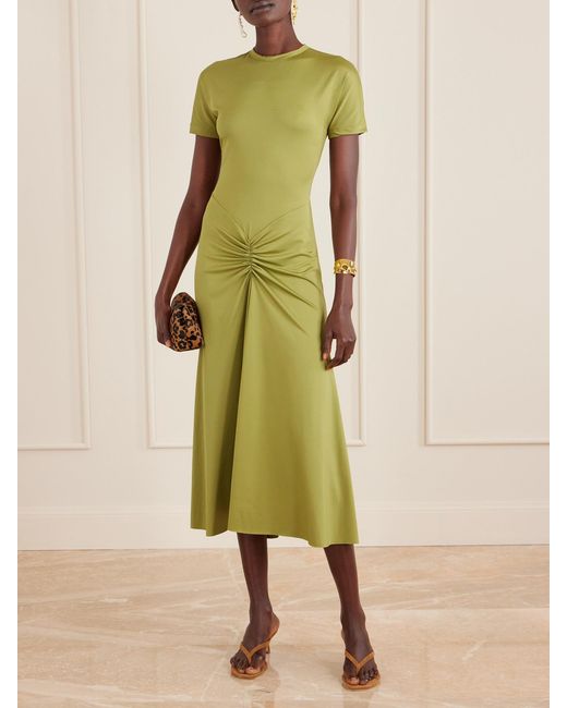 Victoria Beckham Green Gathered Satin-Jersey Midi Dress