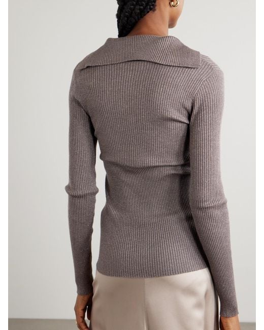 Brunello Cucinelli Brown Ribbed Metallic Cashmere And Silk-Blend Top