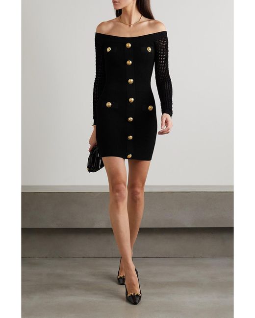 Balmain Black Schulterfreies Minikleid Aus Strick Mit Zierknöpfen