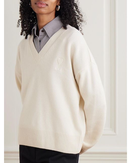 AMI White Oversized Embroidered Wool And Cashmere-Blend Sweater