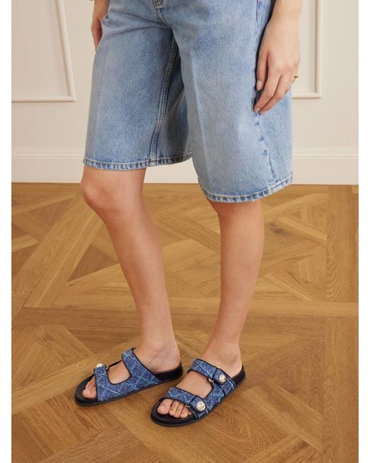 Jimmy Choo Blue Fayence Embellished Frayed Denim Sandals