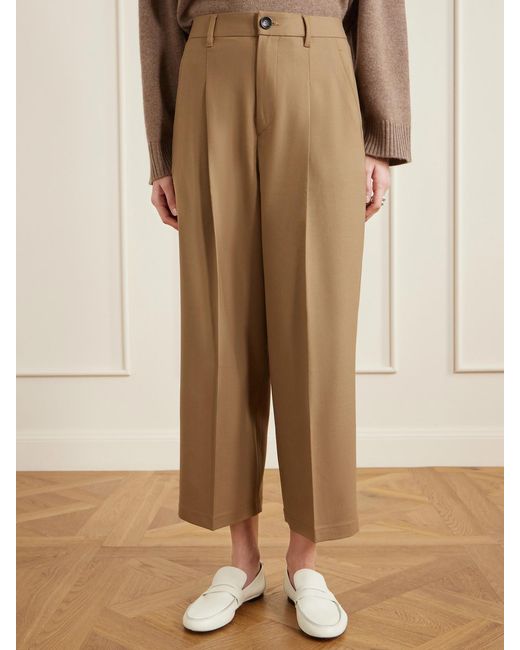 Maria McManus Natural Cropped Pleated Wool-Blend Wide-Leg Pants