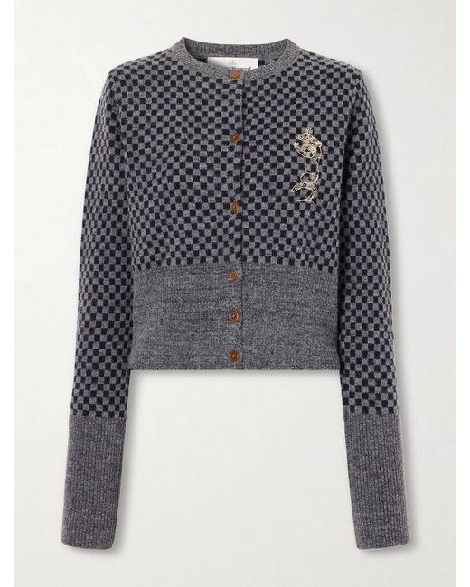 Vivienne Westwood Blue Checkmate Logo-Embroidered Alpaca, Cotton And Wool-Blend Cardigan
