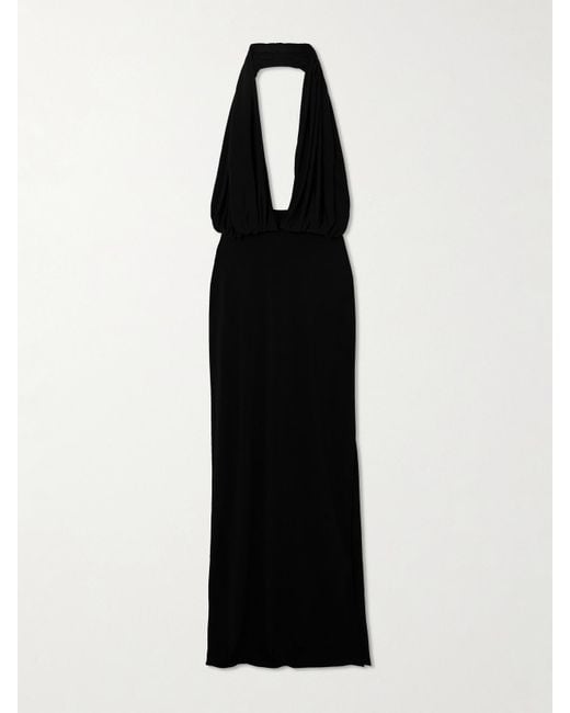 Magda Butrym Black Draped Stretch-Satin Halterneck Gown