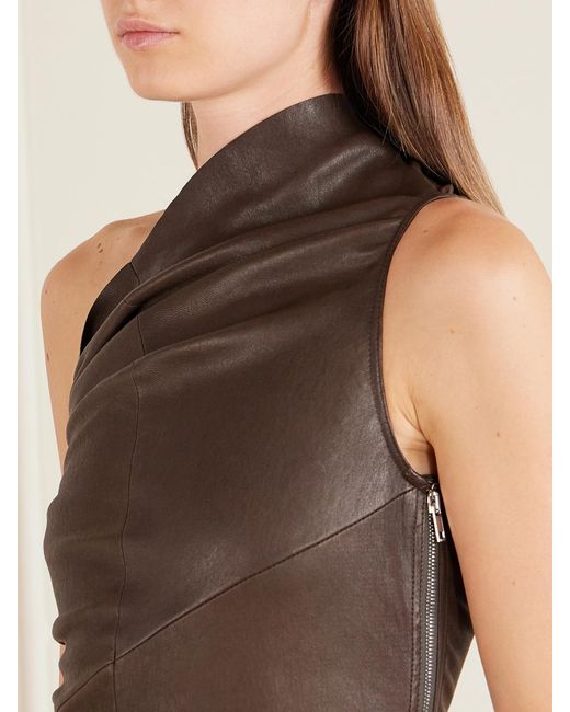Rick Owens Brown Athena One-Shoulder Leather And Cotton-Blend Tank