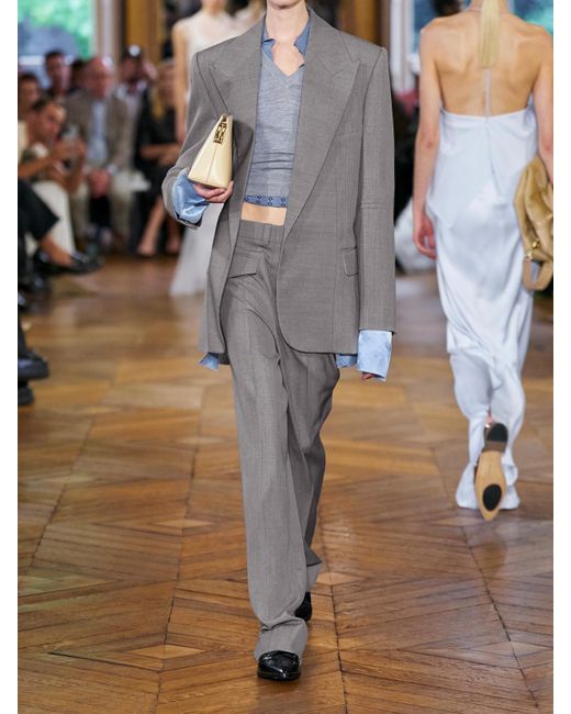 Victoria Beckham Gray Checked Wool Wide-Leg Pants