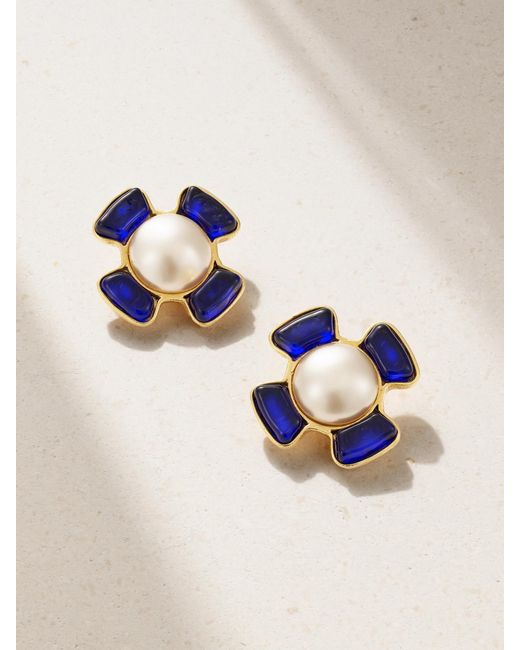 Susan Caplan Blue Chanel Vintage-Plated, Gripoix Crystal And Faux Pearl Clip Earrings