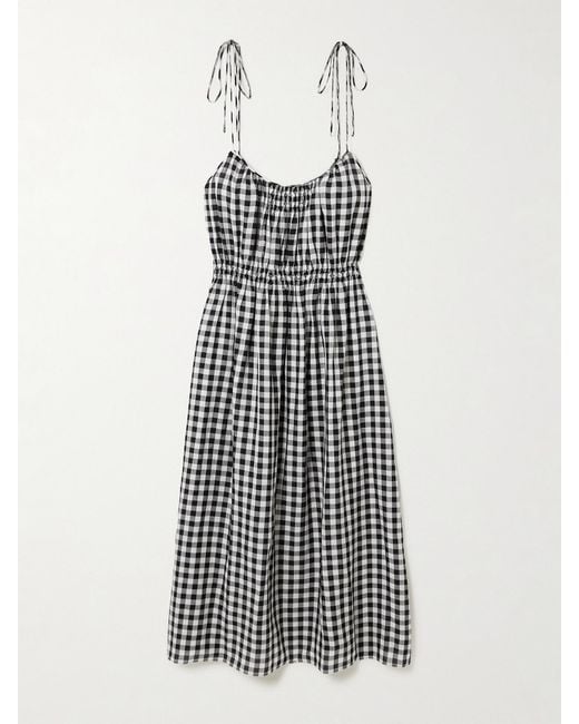 Doen White Leslie Tie-Detailed Smocked Gingham Voile Midi Dress