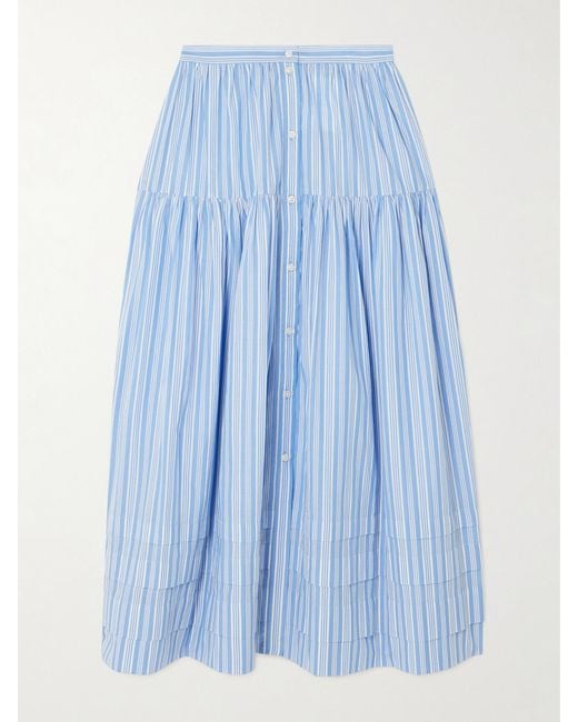 Doen Blue Marceline Tiered Striped Organic Cotton Midi Skirt